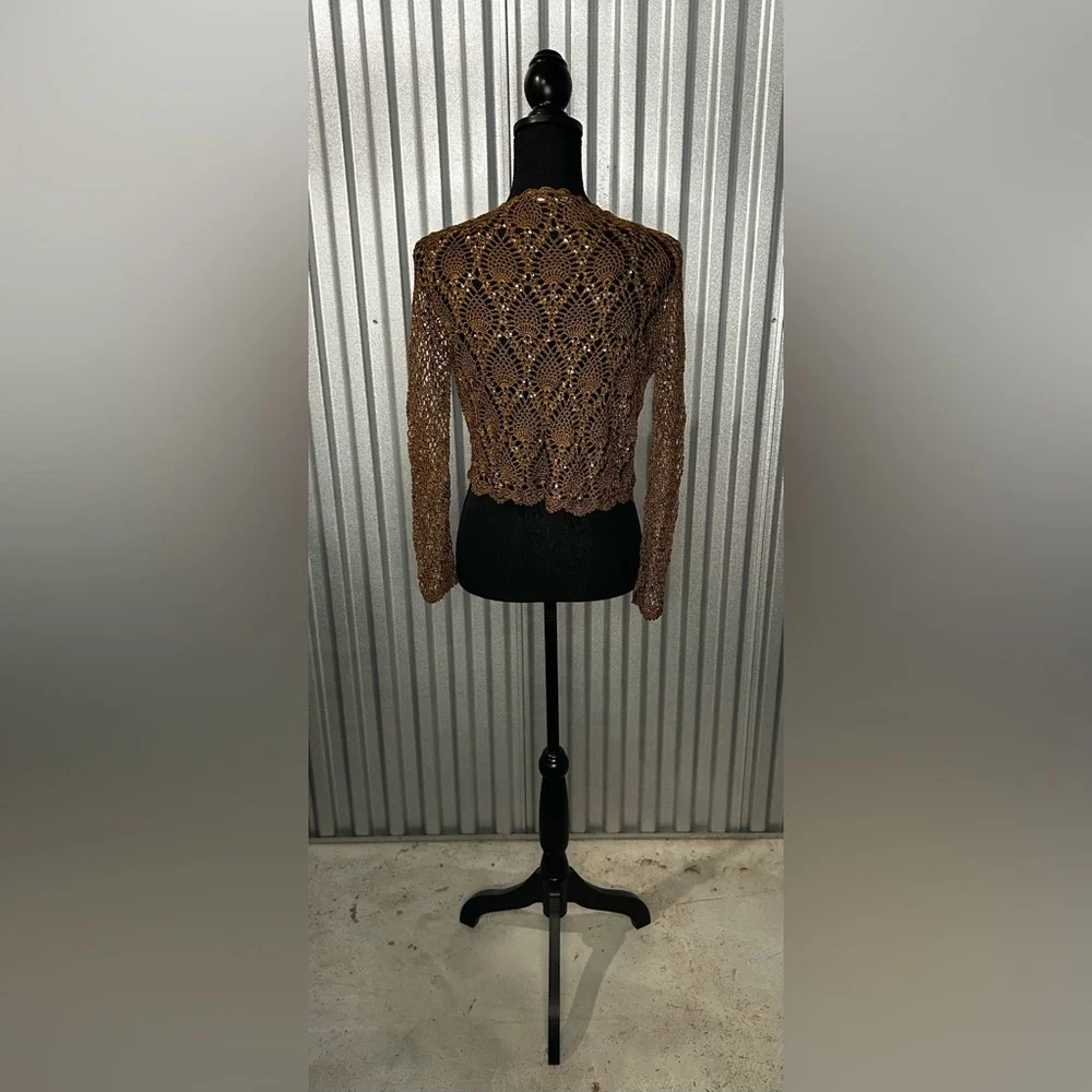 Women’s Betsy Johnson Brown Mesh Long Sleeve Designer Cardigan Sweater Medium - Picture 2 of 4